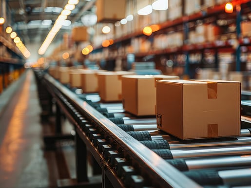 Boxes on conveyor belt at shipping warehouse