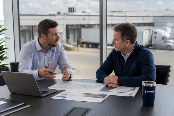 a freight agent meeting with a prospective manufacturing customer, Sureway, transportation, logistics