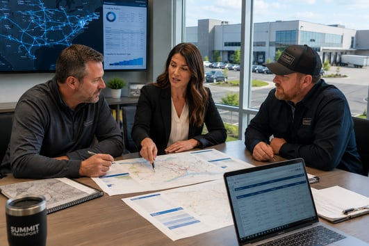 A freight logistics agent facilitating a collaborative planning meeting between a manufacturing shipping manager and a carrier representative.